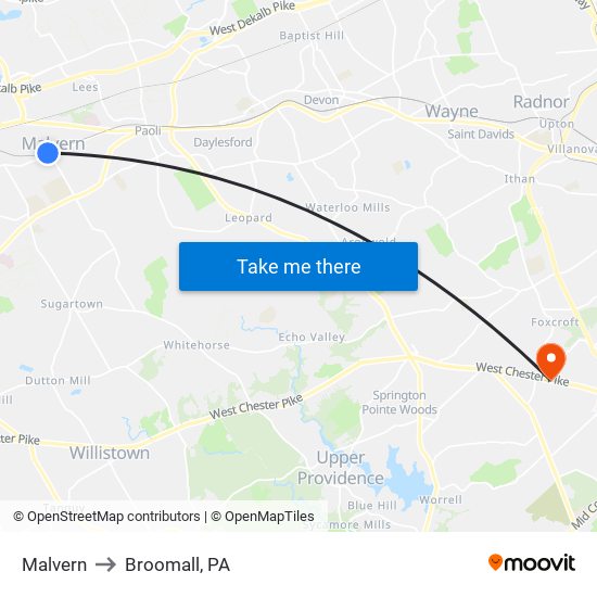 Malvern to Broomall, PA map