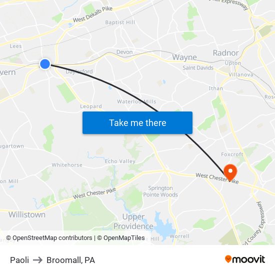 Paoli to Broomall, PA map