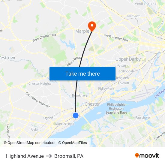 Highland Avenue to Broomall, PA map