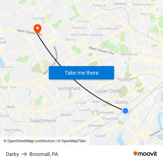 Darby to Broomall, PA map