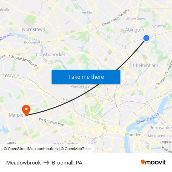 Meadowbrook to Broomall, PA map