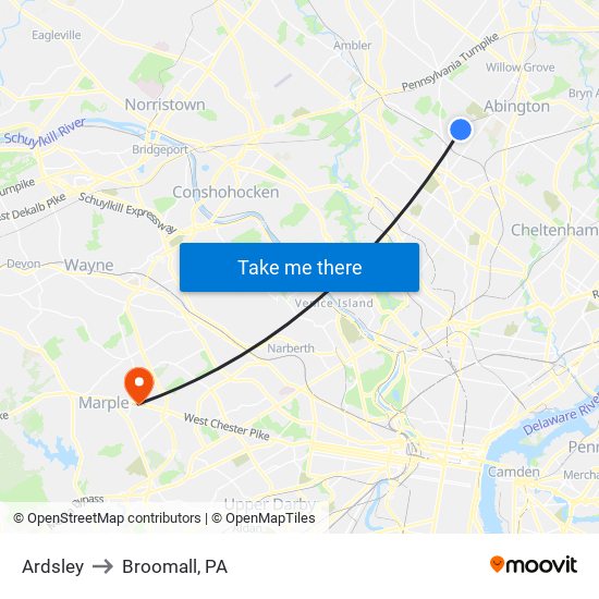 Ardsley to Broomall, PA map