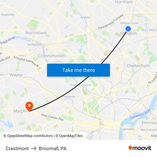 Crestmont to Broomall, PA map