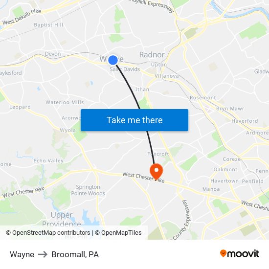 Wayne to Broomall, PA map