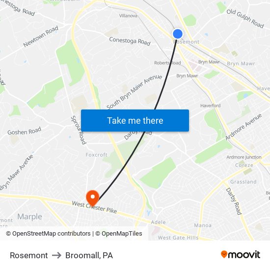 Rosemont to Broomall, PA map