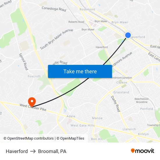 Haverford to Broomall, PA map