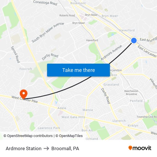 Ardmore Station to Broomall, PA map