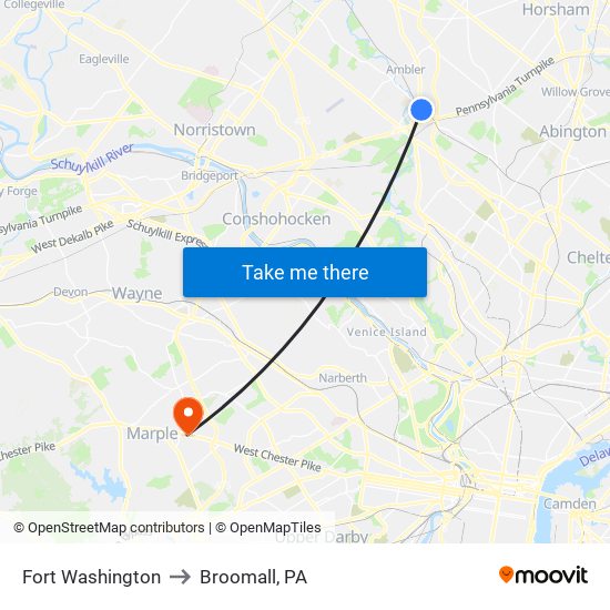 Fort Washington to Broomall, PA map