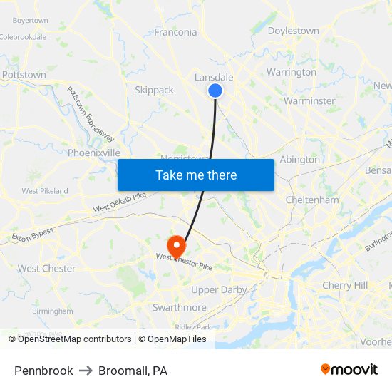 Pennbrook to Broomall, PA map