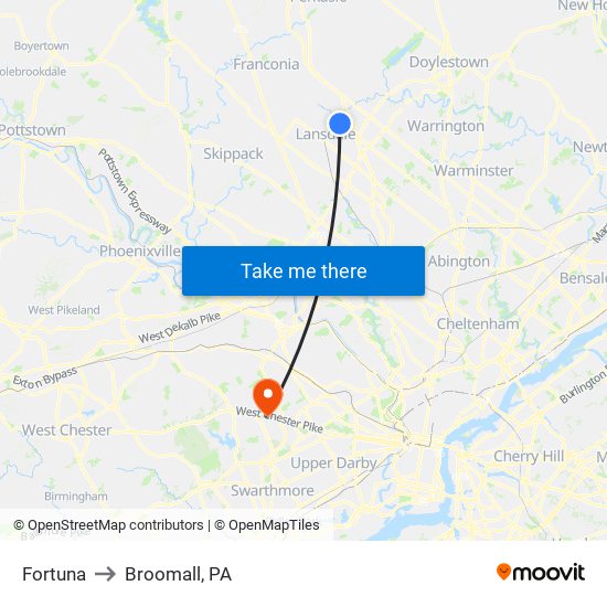 Fortuna to Broomall, PA map