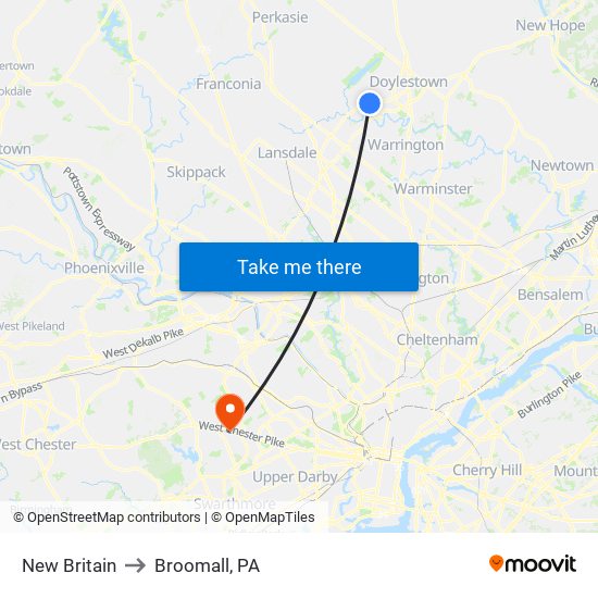 New Britain to Broomall, PA map