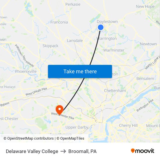 Delaware Valley College to Broomall, PA map