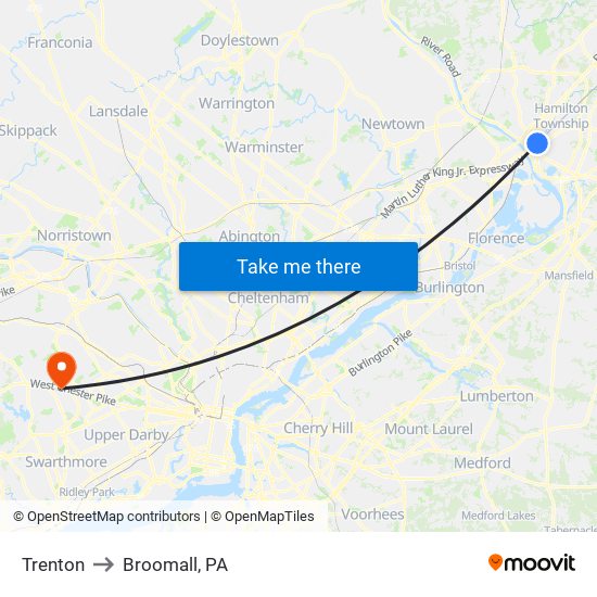 Trenton to Broomall, PA map