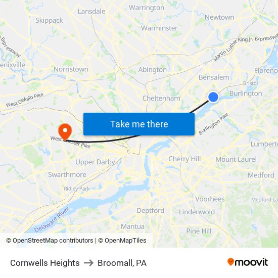 Cornwells Heights to Broomall, PA map
