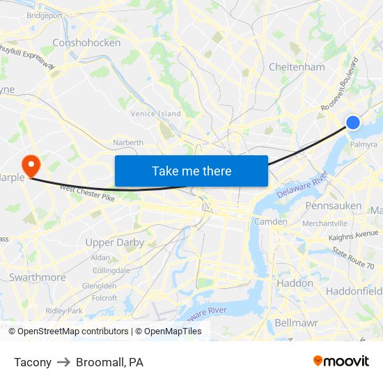 Tacony to Broomall, PA map