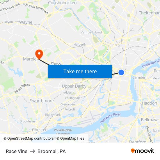 Race Vine to Broomall, PA map