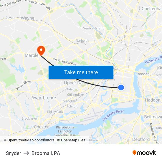 Snyder to Broomall, PA map