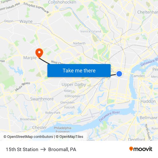 15th St Station to Broomall, PA map