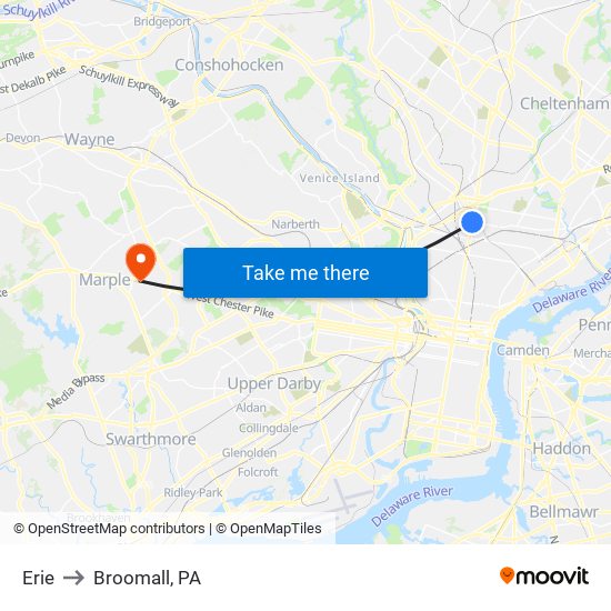 Erie to Broomall, PA map