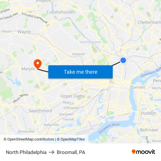 North Philadelphia to Broomall, PA map