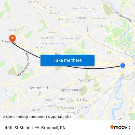40th St Station to Broomall, PA map