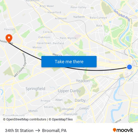 34th St Station to Broomall, PA map