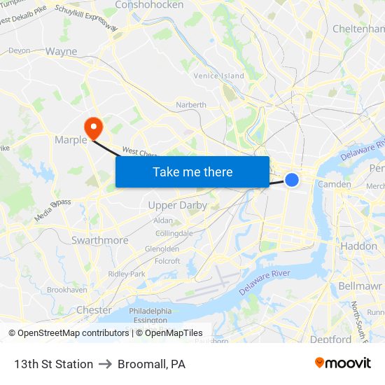 13th St Station to Broomall, PA map