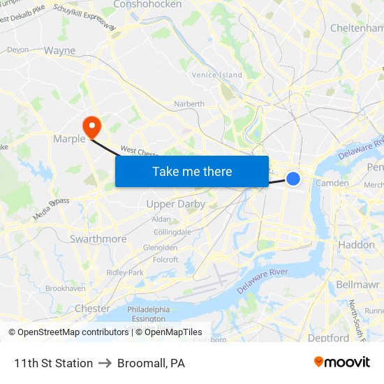 11th St Station to Broomall, PA map