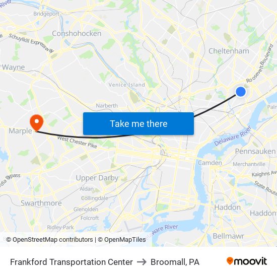 Frankford Transportation Center to Broomall, PA map