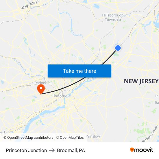Princeton Junction to Broomall, PA map