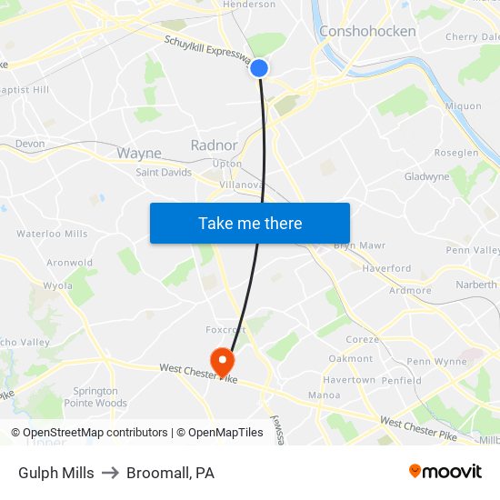 Gulph Mills to Broomall, PA map