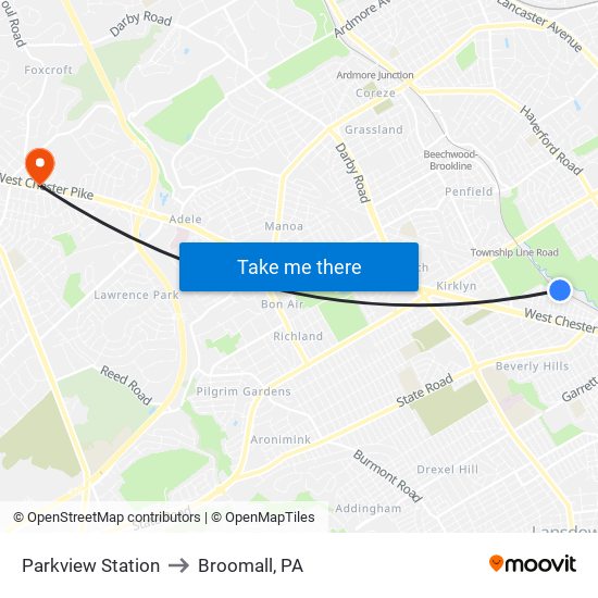 Parkview Station to Broomall, PA map