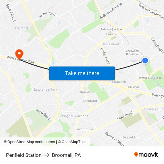 Penfield Station to Broomall, PA map