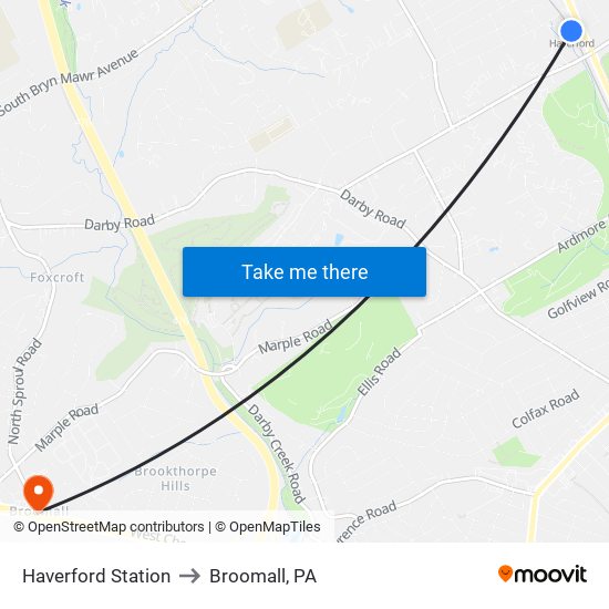 Haverford Station to Broomall, PA map