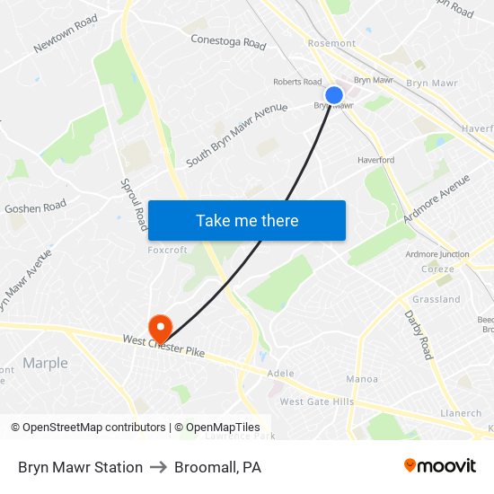 Bryn Mawr Station to Broomall, PA map