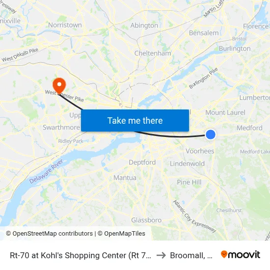 Rt-70 at Kohl's Shopping Center (Rt 73) to Broomall, PA map