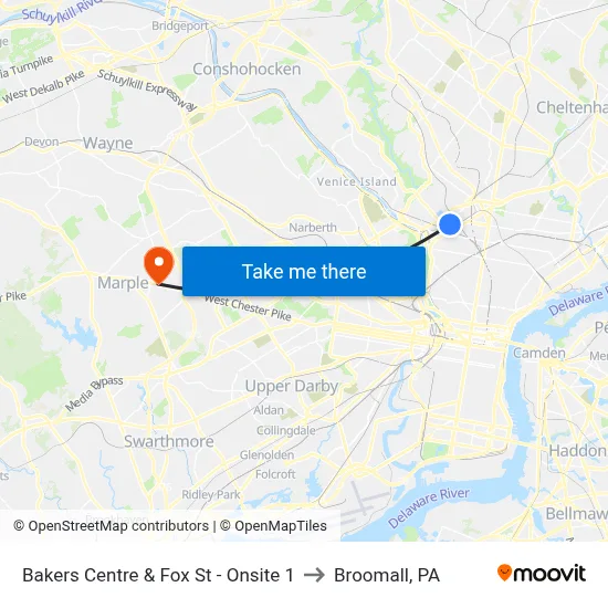 Bakers Centre & Fox St - Onsite 1 to Broomall, PA map