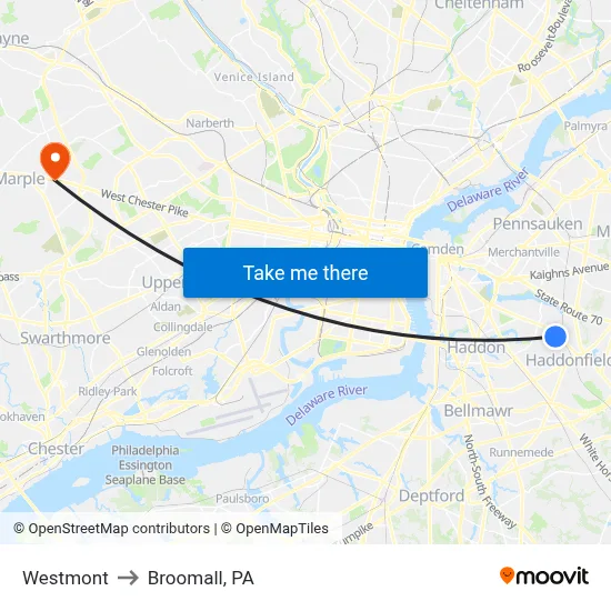 Westmont to Broomall, PA map