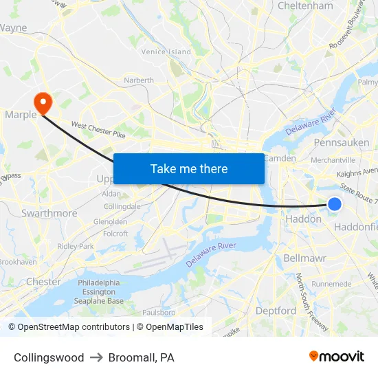 Collingswood to Broomall, PA map