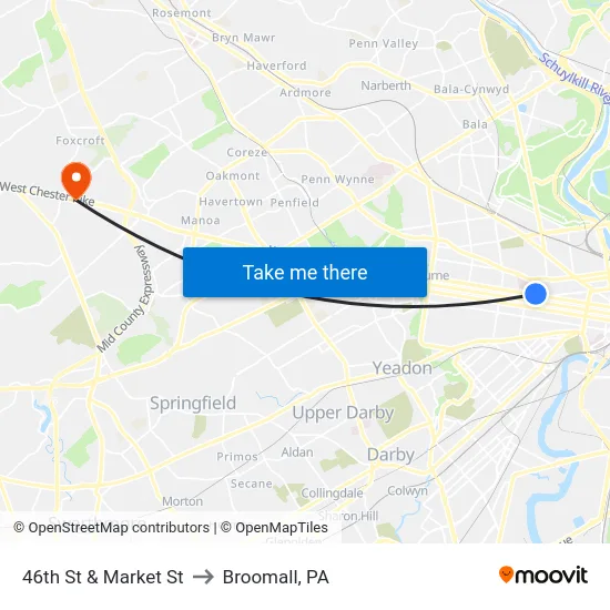 46th St & Market St to Broomall, PA map