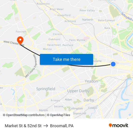 Market St & 52nd St to Broomall, PA map