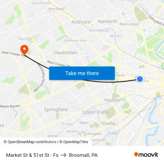 Market St & 51st St - Fs to Broomall, PA map