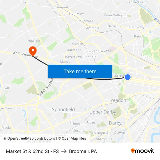 Market St & 62nd St - FS to Broomall, PA map