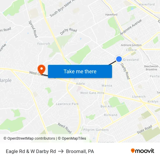 Eagle Rd & W Darby Rd to Broomall, PA map
