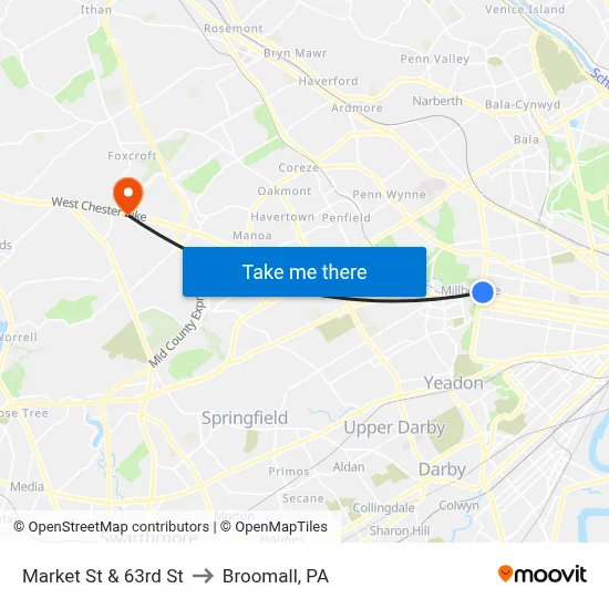 Market St & 63rd St to Broomall, PA map