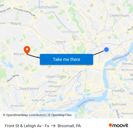 Front St & Lehigh Av - Fs to Broomall, PA map