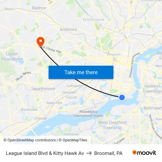 League Island Blvd & Kitty Hawk Av to Broomall, PA map