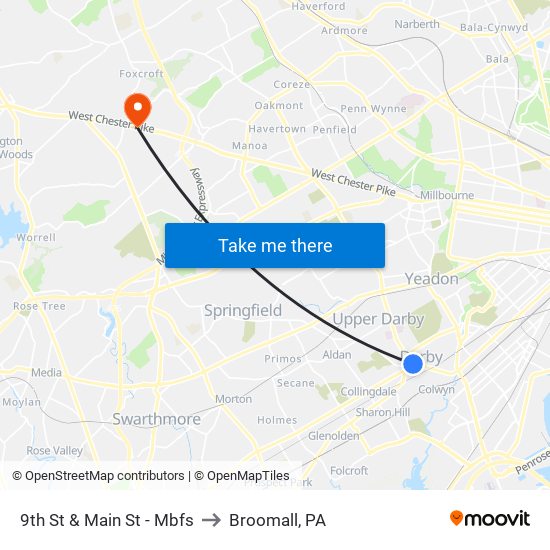 9th St & Main St - Mbfs to Broomall, PA map