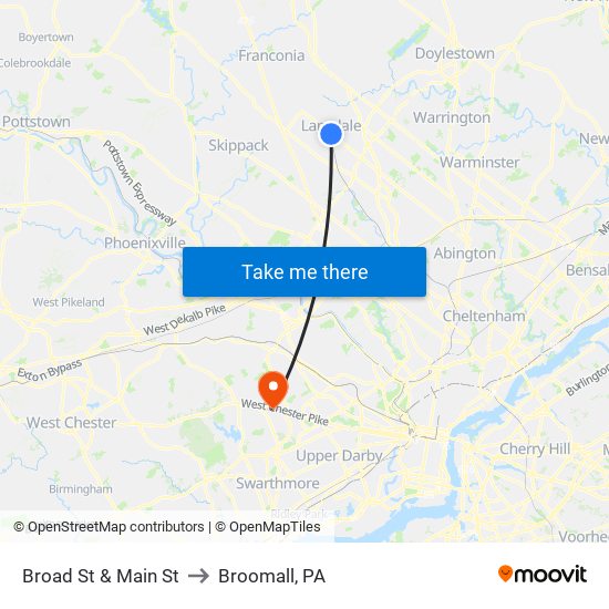 Broad St & Main St to Broomall, PA map