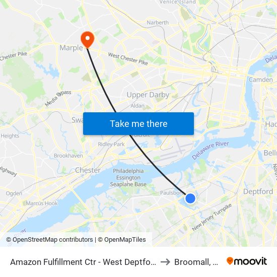 Amazon Fulfillment Ctr - West Deptford to Broomall, PA map